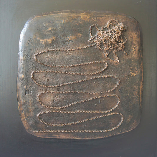 "Chain", bronze plaque on wood
